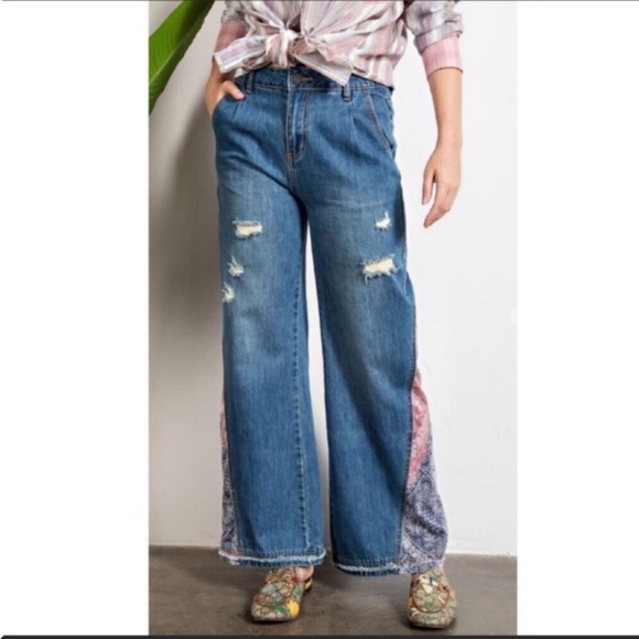 Patchwork Boho Flare Wide Leg Light Washed Denim Jeans - Picture 2 of 8